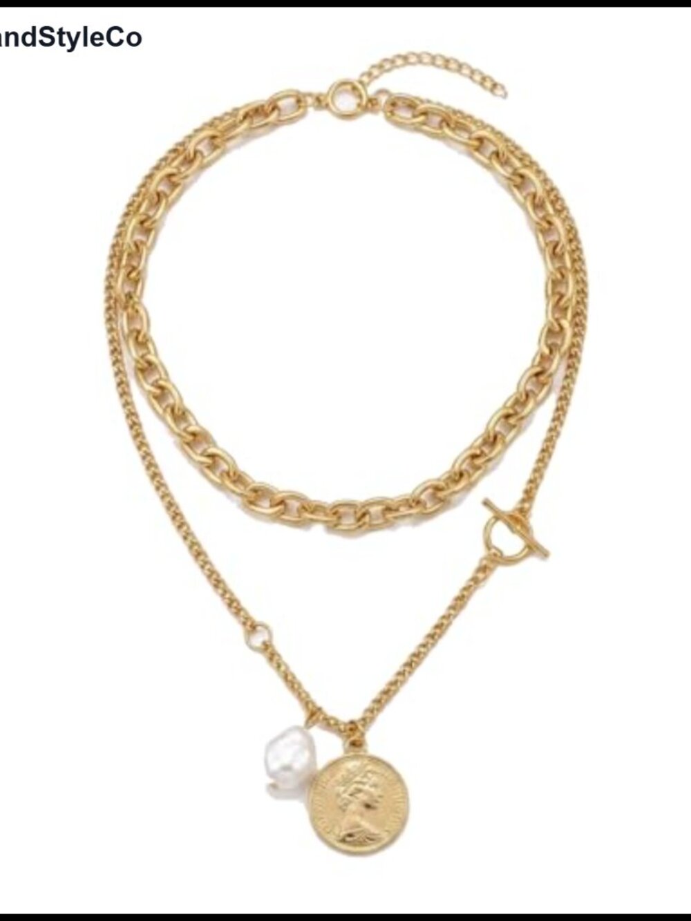 Chunky Geometric Link Medallion Pendant Necklace for Women Faux Pearl Collar